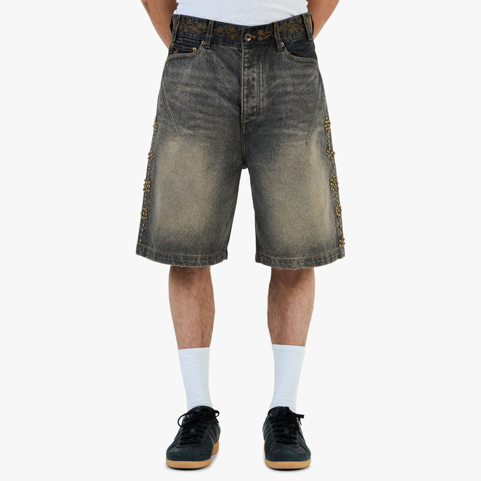 Adidem Asterisks Waxed Two-Tone Denim Rivet Shorts / Black