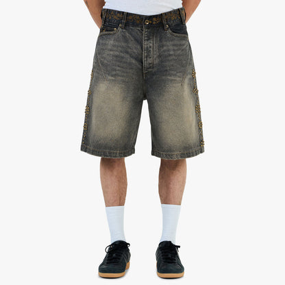 Adidem Asterisks Waxed Two-Tone Denim Rivet Shorts / Black