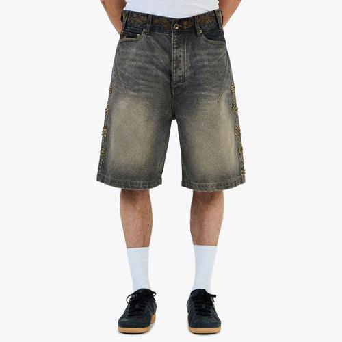 Adidem Asterisks Waxed Two-Tone Denim Rivet Shorts / Black