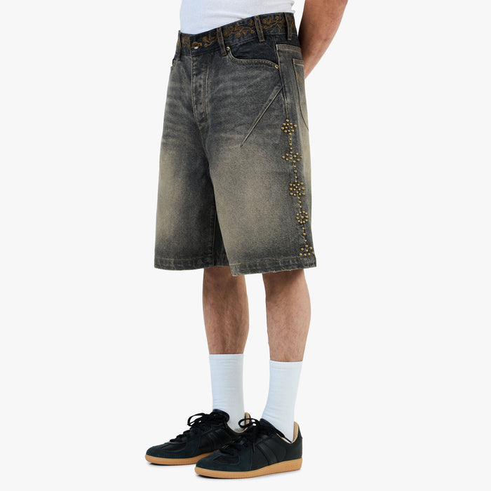 Adidem Asterisks Waxed Two-Tone Denim Rivet Shorts / Black