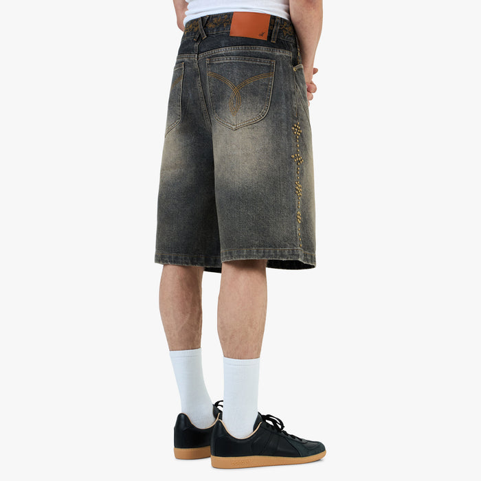 Adidem Asterisks Waxed Two-Tone Denim Rivet Shorts / Black