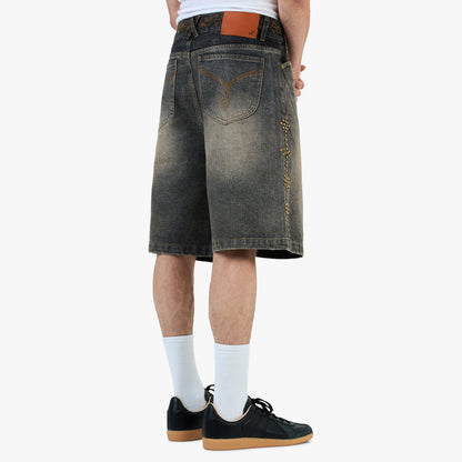 Adidem Asterisks Waxed Two-Tone Denim Rivet Shorts / Black