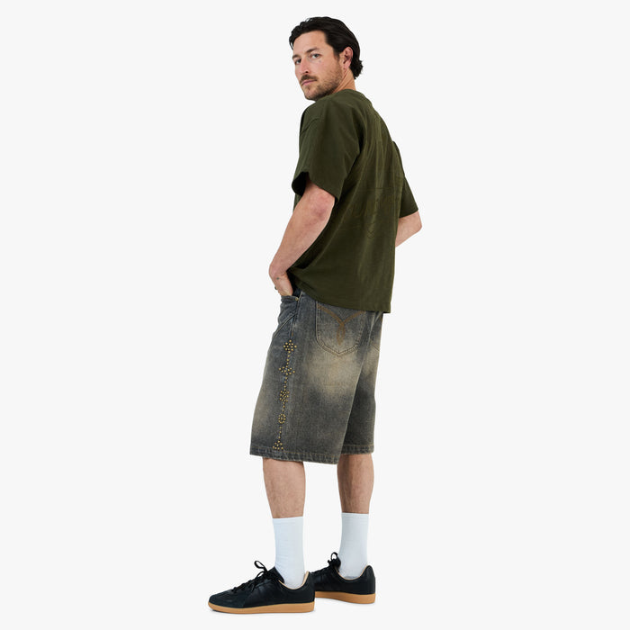 Adidem Asterisks Waxed Two-Tone Denim Rivet Shorts / Black