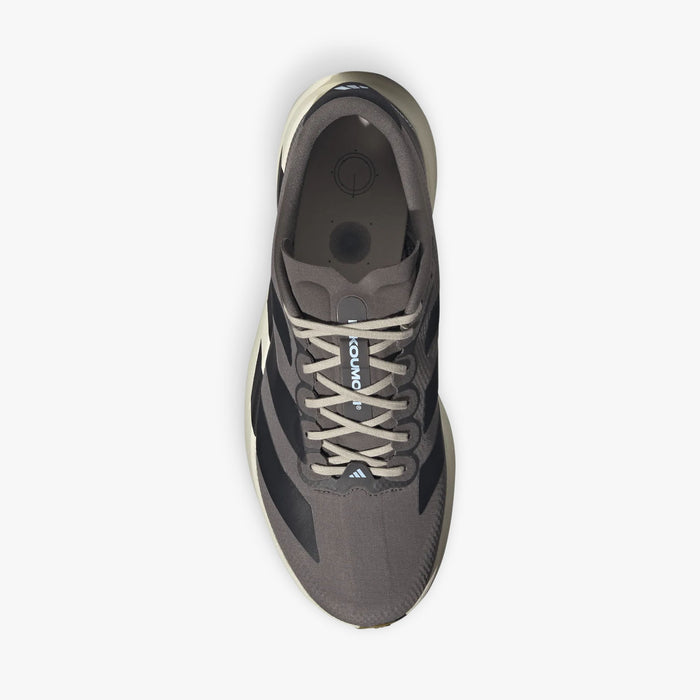 adidas adizero EVO SL. Top view of Charcoal running shoe showing light grey laces, light blue tongue accent, textile lining, and padded collar.