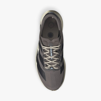 adidas adizero EVO SL. Top view of Charcoal running shoe showing light grey laces, light blue tongue accent, textile lining, and padded collar.