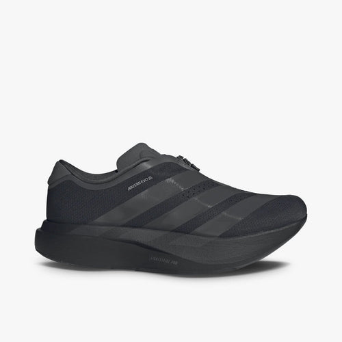 adidas adizero EVO SL Zip-Up. Side view of Black running shoes with Grey three-stripes and a Lightstrike Pro foam midsole.