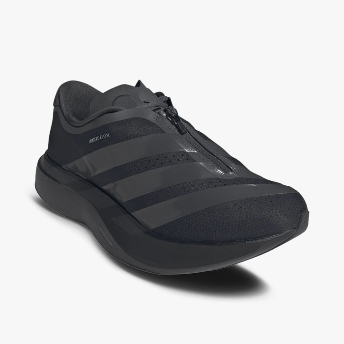 adidas adizero EVO SL Zip-Up. Three-quarter view of Black running shoes showing laceless zip-up upper shroud and sculpted midsole.