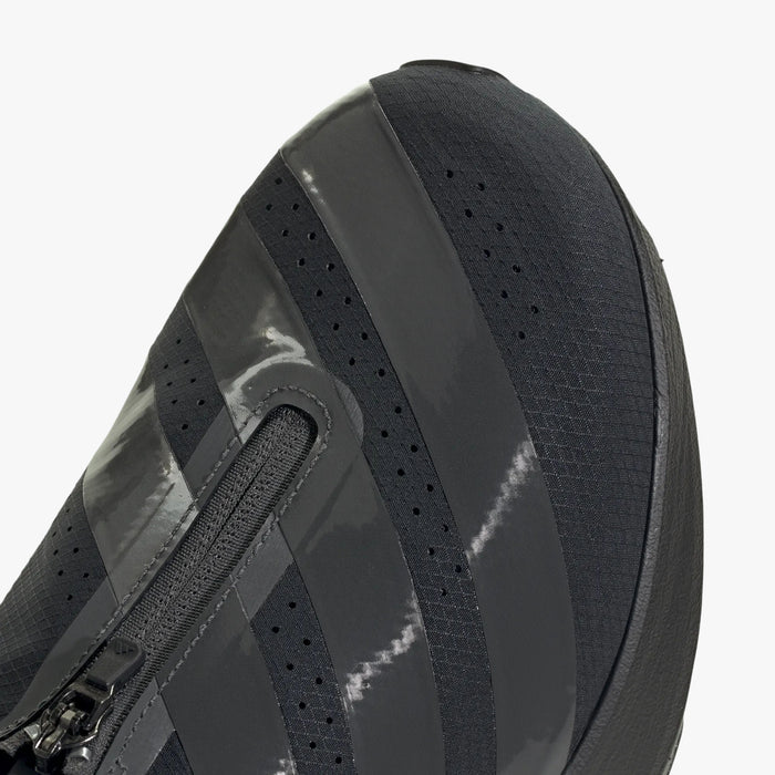 adidas adizero EVO SL Zip-Up. Close-up of Black mesh upper showing zipper closure, Grey three-stripes, and perforated ventilation.