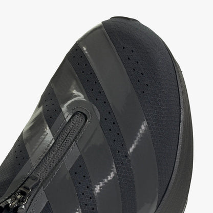 adidas adizero EVO SL Zip-Up. Close-up of Black mesh upper showing zipper closure, Grey three-stripes, and perforated ventilation.