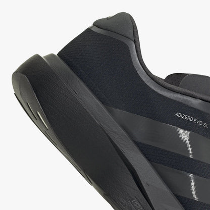 adidas adizero EVO SL Zip-Up. Close-up of Black padded heel collar, side adizero branding, and thick cushioned foam heel.