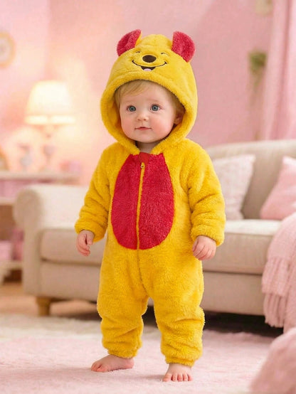 Adorable Baby Boys Hooded Long Sleeve Winter Sweatshirt Jumpsuit, Multicolor Colorblock Polyester One-Piece With Zipper And Regular Sleeve