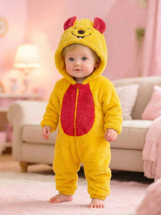 Adorable Baby Boys Hooded Long Sleeve Winter Sweatshirt Jumpsuit, Multicolor Colorblock Polyester One-Piece With Zipper And Regular Sleeve