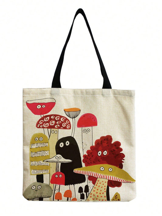 Adorable Mushroom Print Tote Bag, Spacious Travel Beach Handbag, Fashion Canvas Bag With Abstract Funny Plant Pattern, Reusable Shopping Bag, Great Gift For Mushroom Lovers, Literary School Bag & Book
