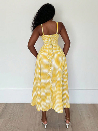 Alexandranx Women's Casual Plaid Print Spaghetti Strap Slit Midi Dress Women Summer Clothing Women Summer Sets Woman S Summer Clothes Women S Clothes Women Plus Sun Dress Yellow Summer Dress Women Yel