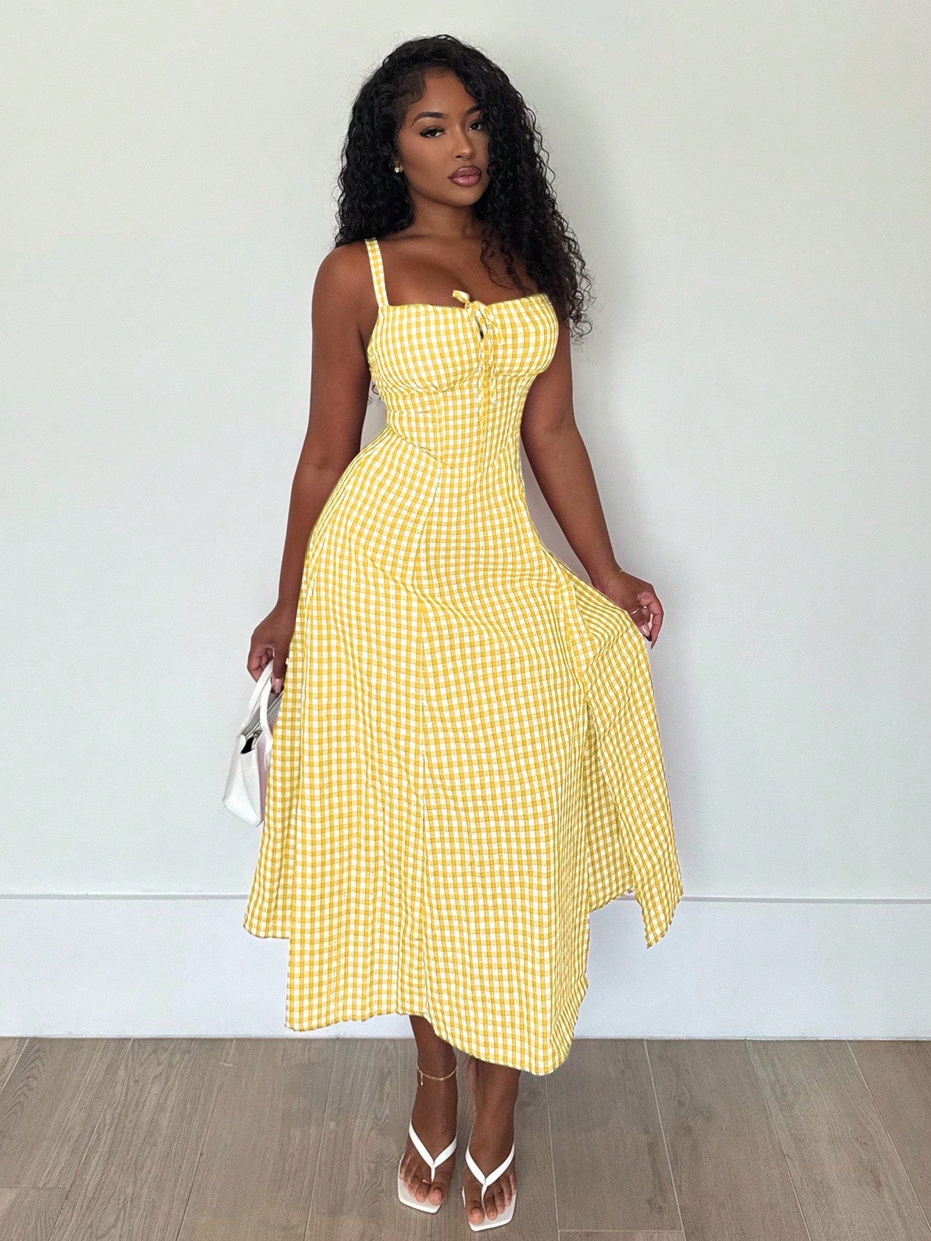 Alexandranx Women's Casual Plaid Print Spaghetti Strap Slit Midi Dress Women Summer Clothing Women Summer Sets Woman S Summer Clothes Women S Clothes Women Plus Sun Dress Yellow Summer Dress Women Yel