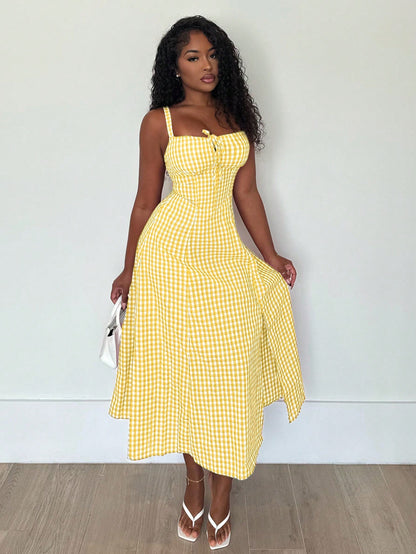 Alexandranx Women's Casual Plaid Print Spaghetti Strap Slit Midi Dress Women Summer Clothing Women Summer Sets Woman S Summer Clothes Women S Clothes Women Plus Sun Dress Yellow Summer Dress Women Yel
