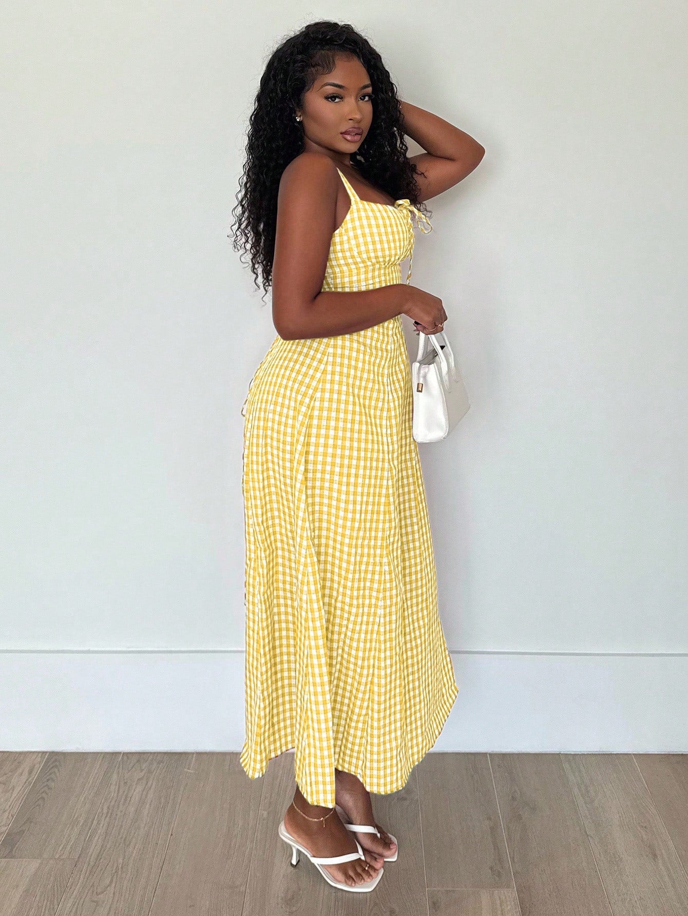 Alexandranx Women's Casual Plaid Print Spaghetti Strap Slit Midi Dress Women Summer Clothing Women Summer Sets Woman S Summer Clothes Women S Clothes Women Plus Sun Dress Yellow Summer Dress Women Yel