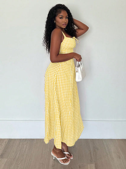 Alexandranx Women's Casual Plaid Print Spaghetti Strap Slit Midi Dress Women Summer Clothing Women Summer Sets Woman S Summer Clothes Women S Clothes Women Plus Sun Dress Yellow Summer Dress Women Yel