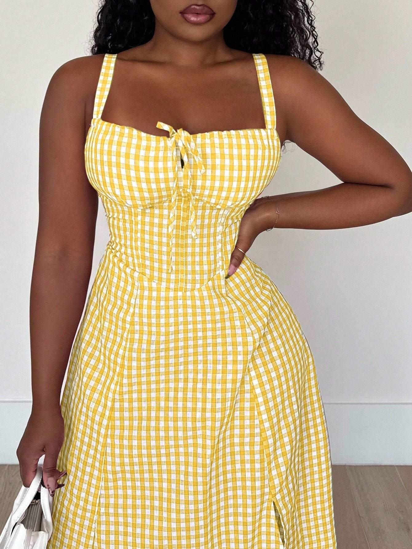 Alexandranx Women's Casual Plaid Print Spaghetti Strap Slit Midi Dress Women Summer Clothing Women Summer Sets Woman S Summer Clothes Women S Clothes Women Plus Sun Dress Yellow Summer Dress Women Yel