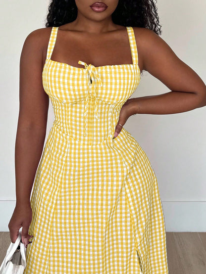 Alexandranx Women's Casual Plaid Print Spaghetti Strap Slit Midi Dress Women Summer Clothing Women Summer Sets Woman S Summer Clothes Women S Clothes Women Plus Sun Dress Yellow Summer Dress Women Yel