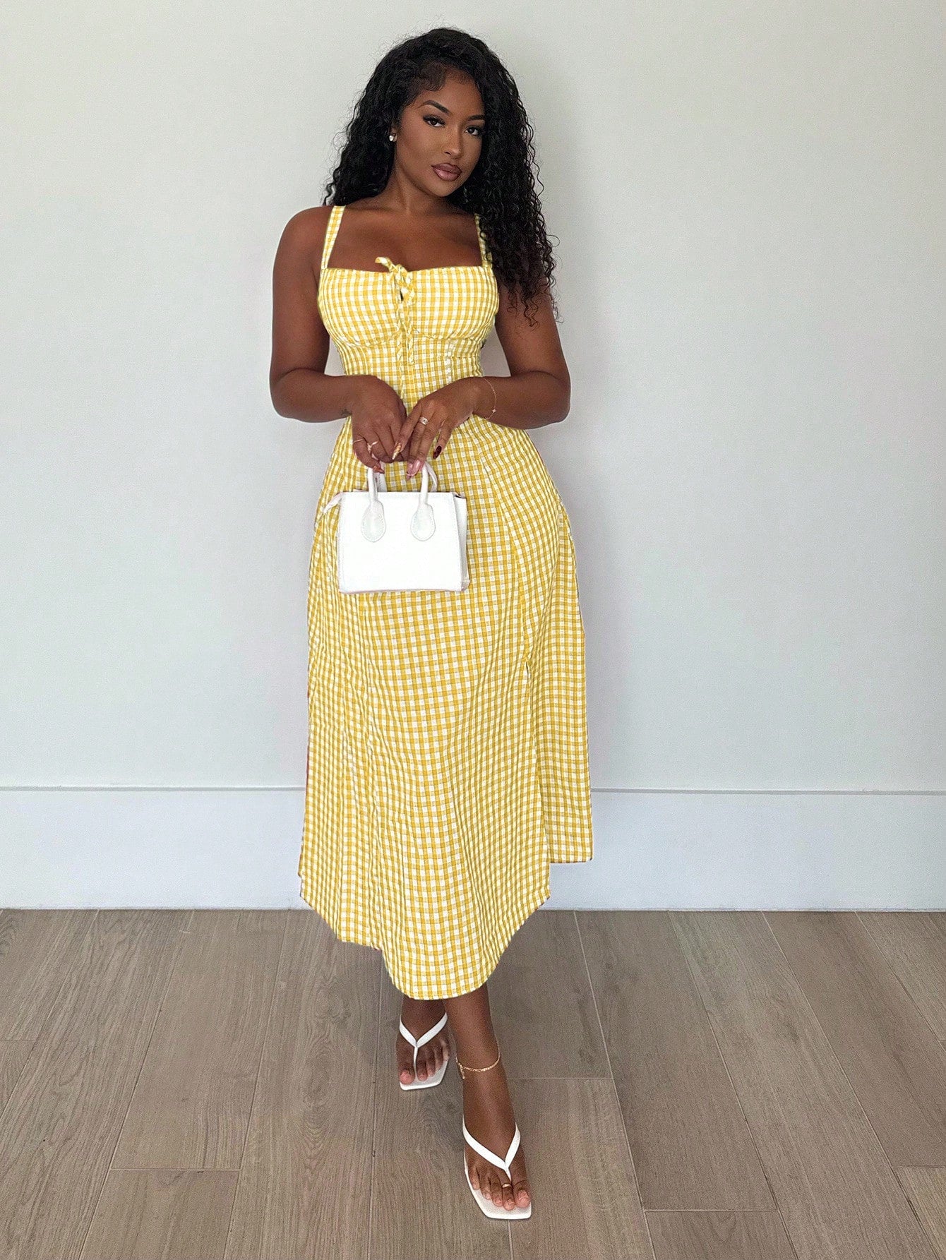 Alexandranx Women's Casual Plaid Print Spaghetti Strap Slit Midi Dress Women Summer Clothing Women Summer Sets Woman S Summer Clothes Women S Clothes Women Plus Sun Dress Yellow Summer Dress Women Yel