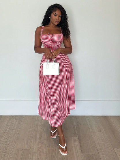 Alexandranx Women's Casual Plaid Print Spaghetti Strap Slit Midi Dress Women Summer Clothing Women Summer Sets Woman S Summer Clothes Women S Clothes Women Plus Sun Dress Yellow Summer Dress Women Yel