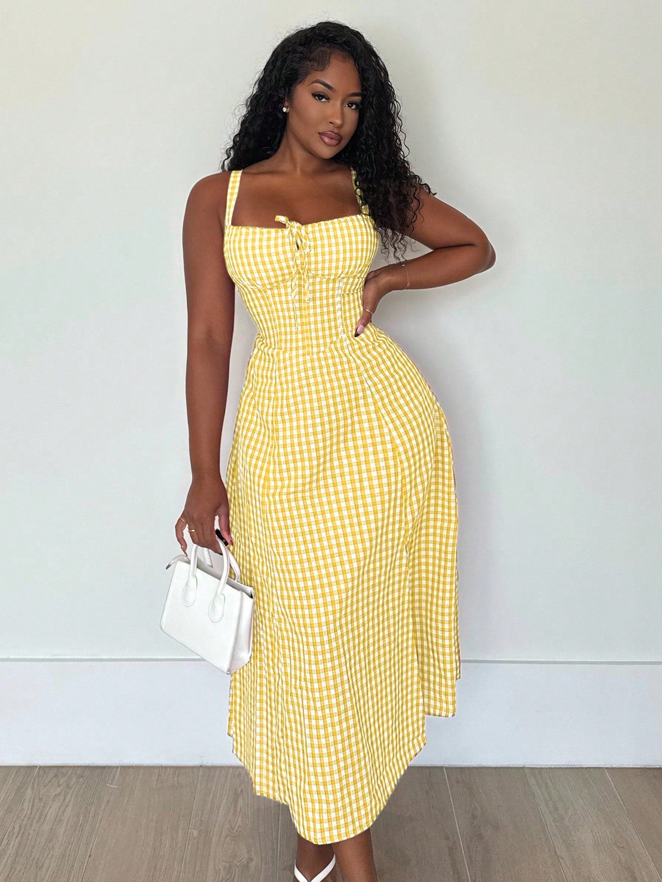 Alexandranx Women's Casual Plaid Print Spaghetti Strap Slit Midi Dress Women Summer Clothing Women Summer Sets Woman S Summer Clothes Women S Clothes Women Plus Sun Dress Yellow Summer Dress Women Yel