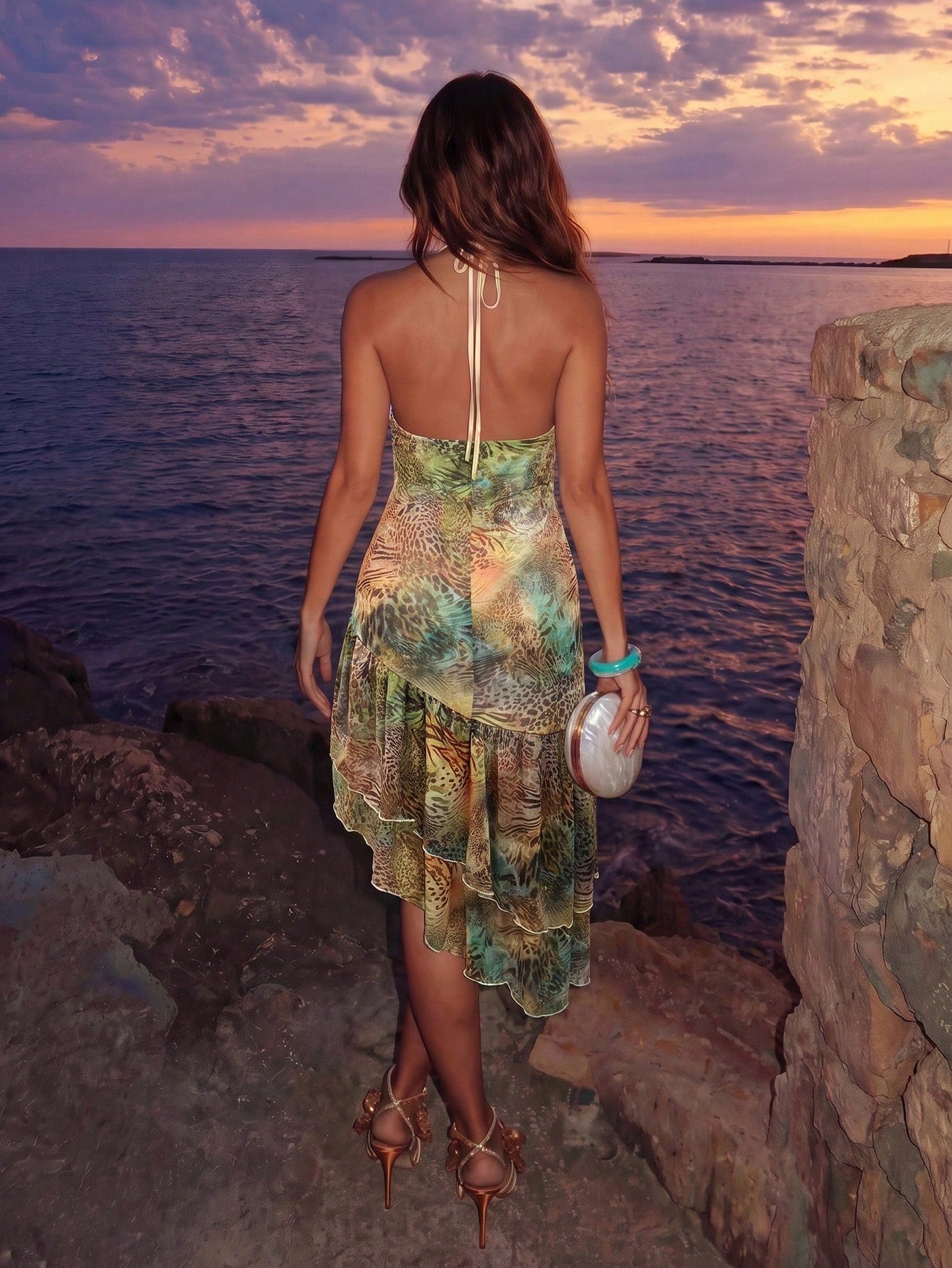 Allurite Asymmetrical Hem Leopard Print Green Halter Neck, Women's Vacation Green Leopard Print Dress