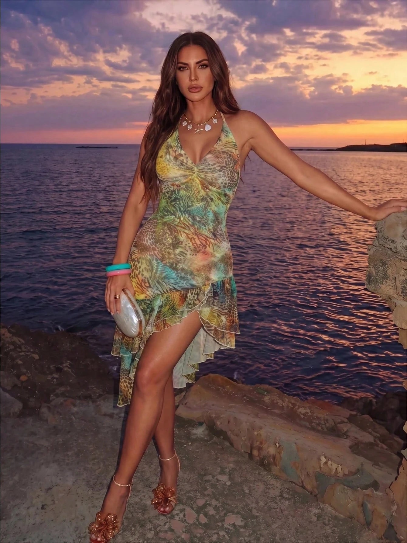 Allurite Asymmetrical Hem Leopard Print Green Halter Neck, Women's Vacation Green Leopard Print Dress
