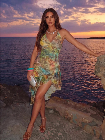 Allurite Asymmetrical Hem Leopard Print Green Halter Neck, Women's Vacation Green Leopard Print Dress