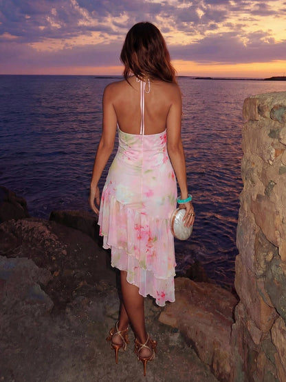 Allurite Asymmetrical Hem Leopard Print Green Halter Neck, Women's Vacation Green Leopard Print Dress