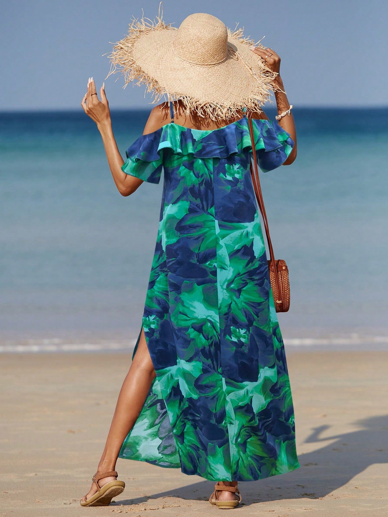 Allurite Women Beach Allover Print High Slit Ruffle Trim Split Side Dress