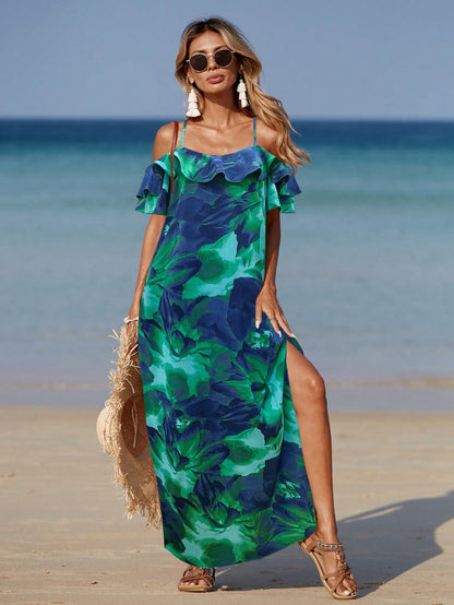 Allurite Women Beach Allover Print High Slit Ruffle Trim Split Side Dress