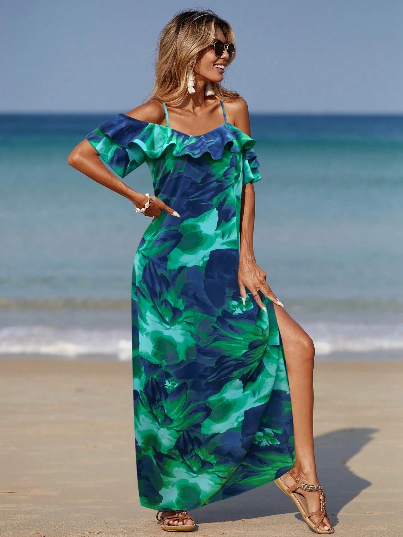 Allurite Women Beach Allover Print High Slit Ruffle Trim Split Side Dress