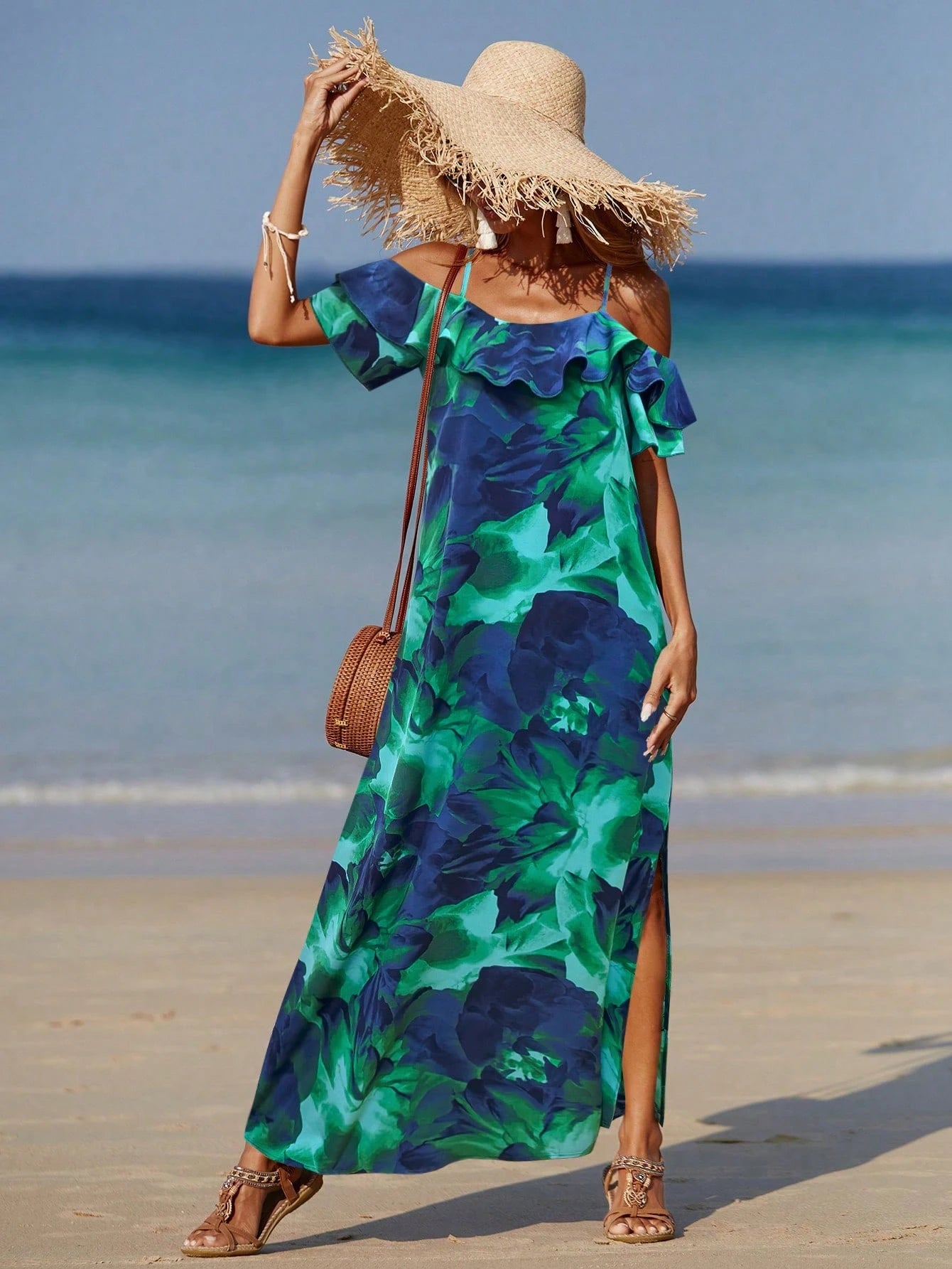 Allurite Women Beach Allover Print High Slit Ruffle Trim Split Side Dress