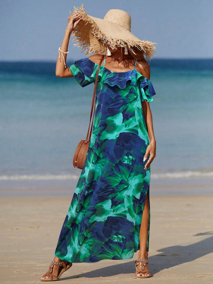 Allurite Women Beach Allover Print High Slit Ruffle Trim Split Side Dress