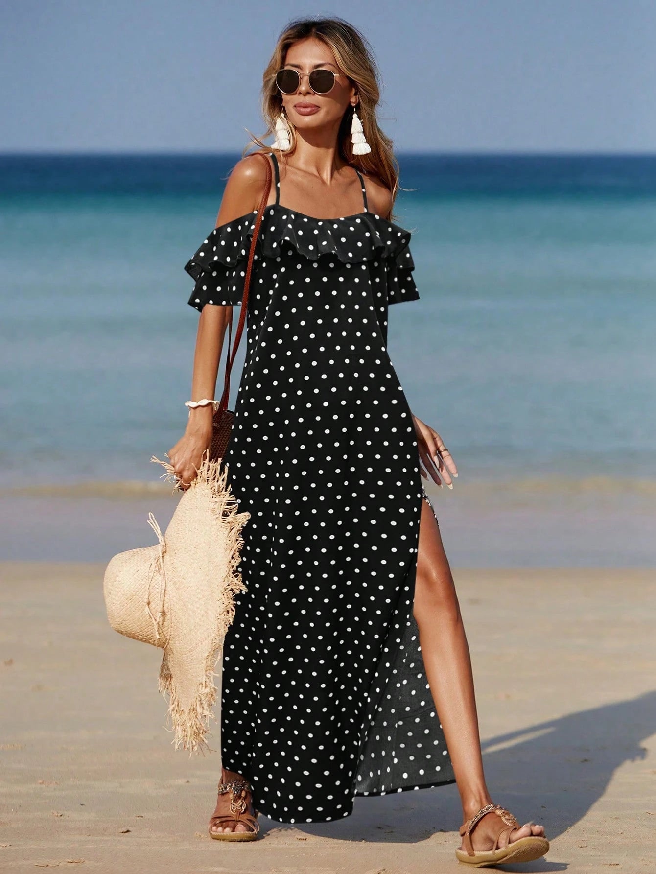 Allurite Women Beach Allover Print High Slit Ruffle Trim Split Side Dress