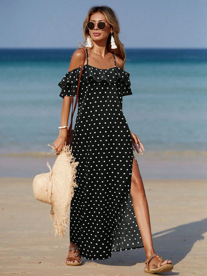 Allurite Women Beach Allover Print High Slit Ruffle Trim Split Side Dress