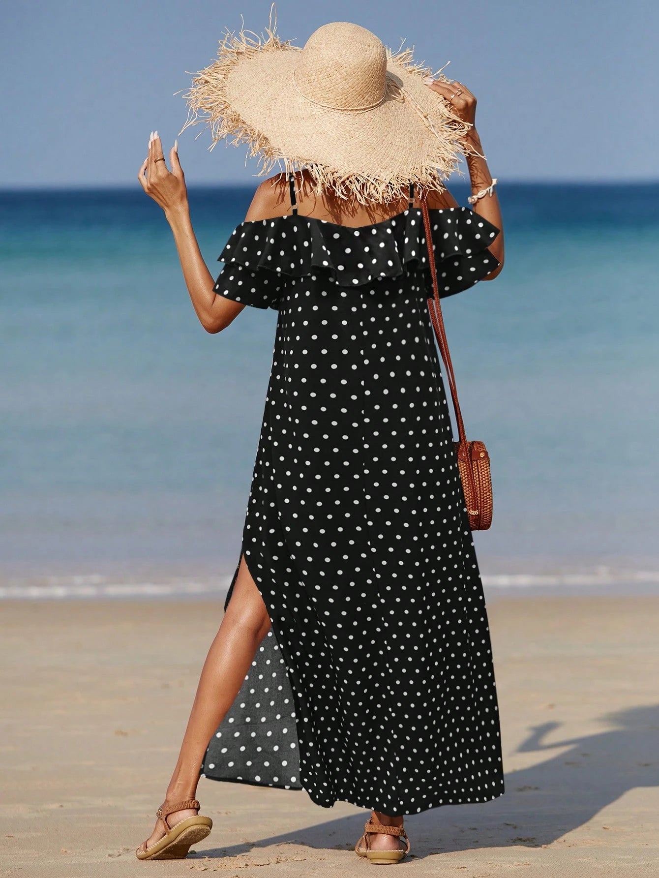 Allurite Women Beach Allover Print High Slit Ruffle Trim Split Side Dress