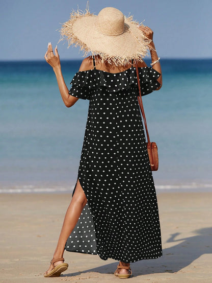 Allurite Women Beach Allover Print High Slit Ruffle Trim Split Side Dress
