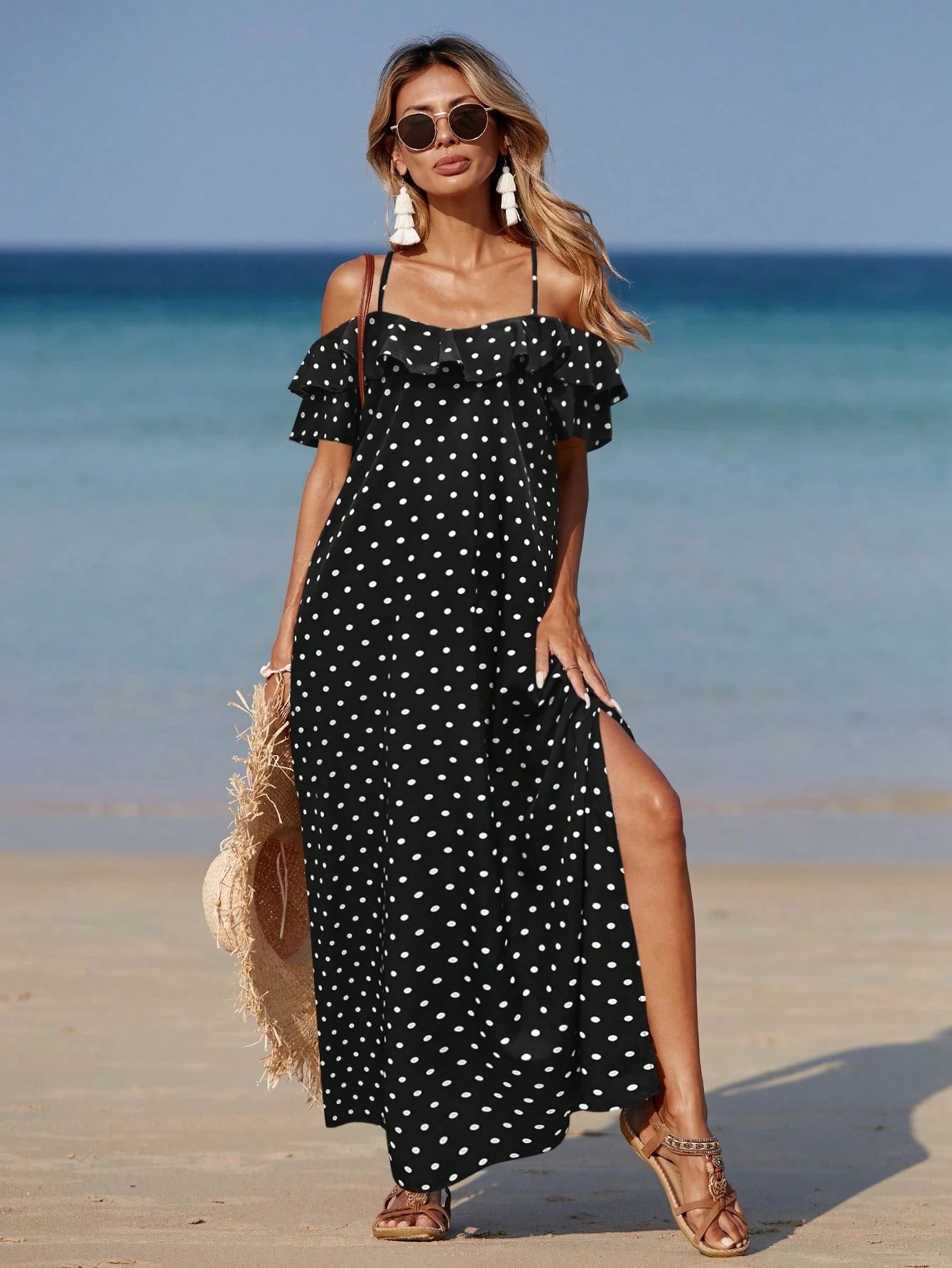 Allurite Women Beach Allover Print High Slit Ruffle Trim Split Side Dress