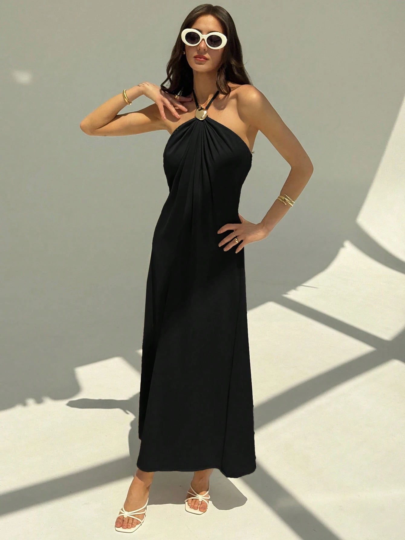 Aloruh New Champagne Color Backless Pleated Minimalist Long Dress, Metal Ball Decor, Oversized & Slimming