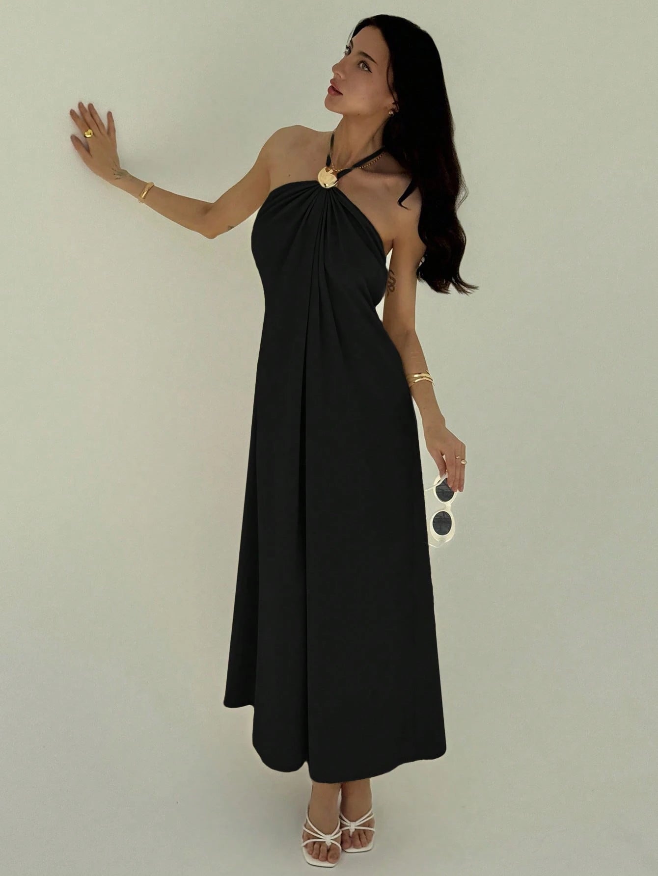Aloruh New Champagne Color Backless Pleated Minimalist Long Dress, Metal Ball Decor, Oversized & Slimming