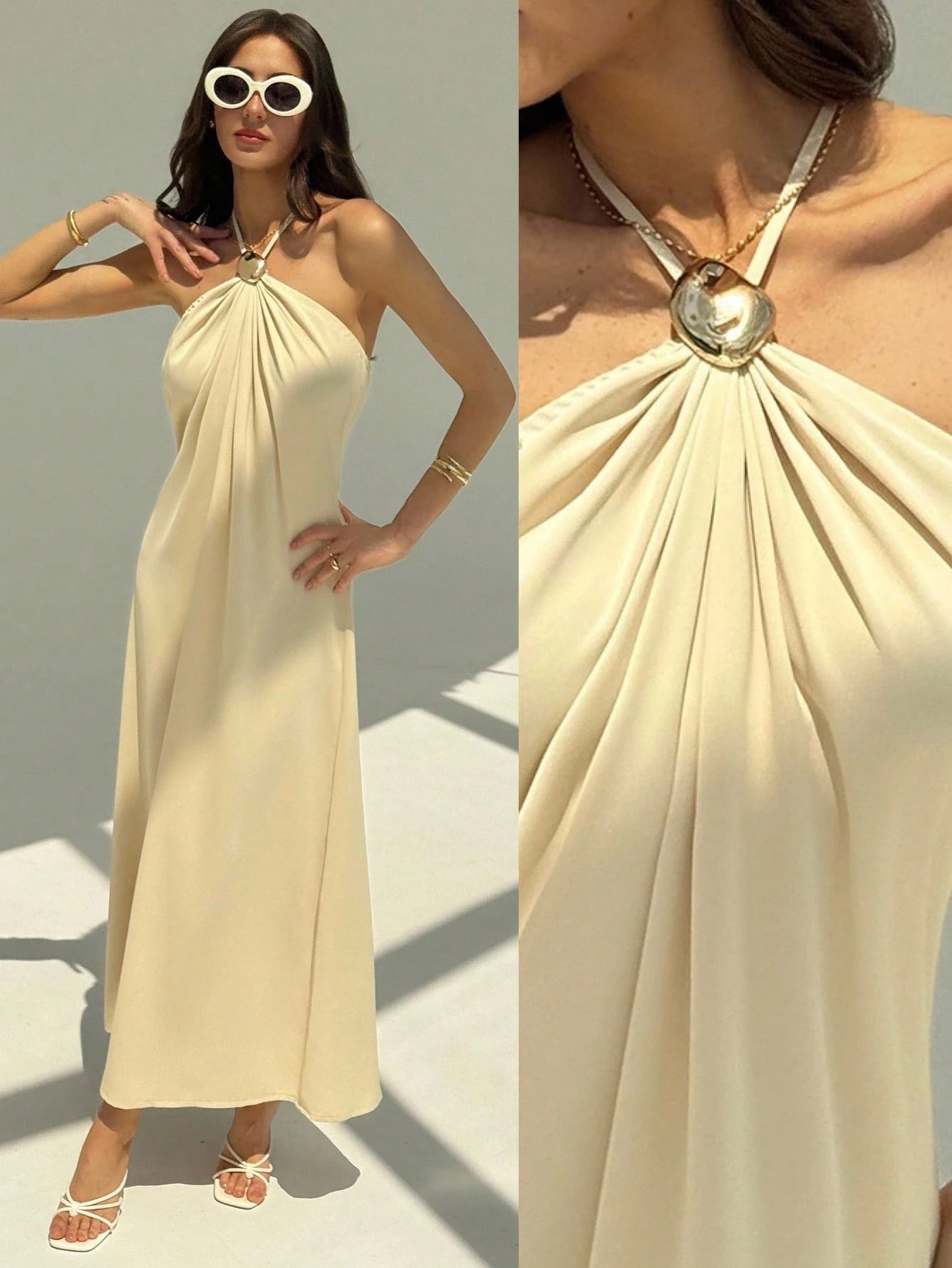 Aloruh New Champagne Color Backless Pleated Minimalist Long Dress, Metal Ball Decor, Oversized & Slimming