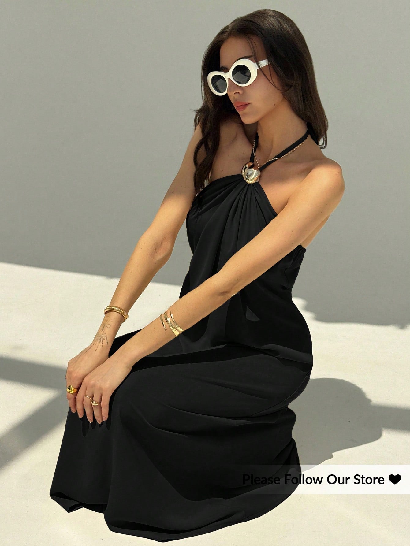 Aloruh New Champagne Color Backless Pleated Minimalist Long Dress, Metal Ball Decor, Oversized & Slimming