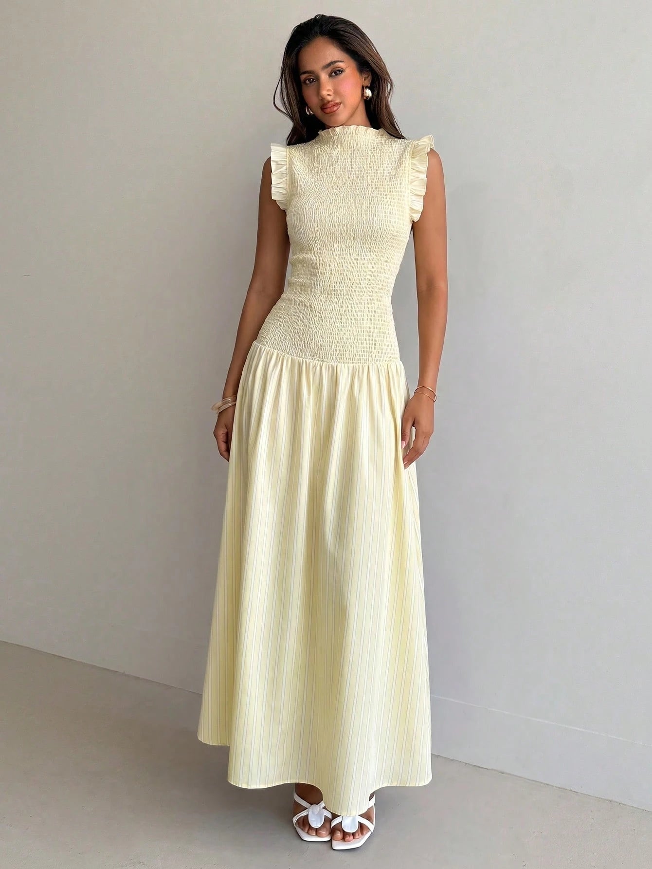 Aloruh Pale Yellow Sleeveless Mandarin Collar Fitted Dress Tea Party Summer,Wedding Guest Gowns