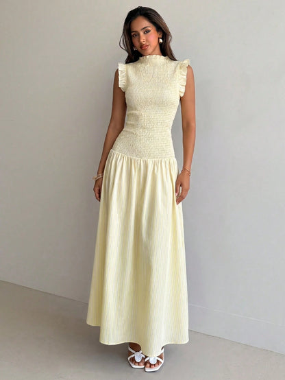 Aloruh Pale Yellow Sleeveless Mandarin Collar Fitted Dress Tea Party Summer,Wedding Guest Gowns