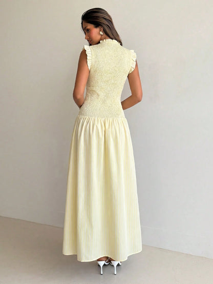 Aloruh Pale Yellow Sleeveless Mandarin Collar Fitted Dress Tea Party Summer,Wedding Guest Gowns