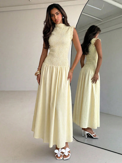 Aloruh Pale Yellow Sleeveless Mandarin Collar Fitted Dress Tea Party Summer,Wedding Guest Gowns