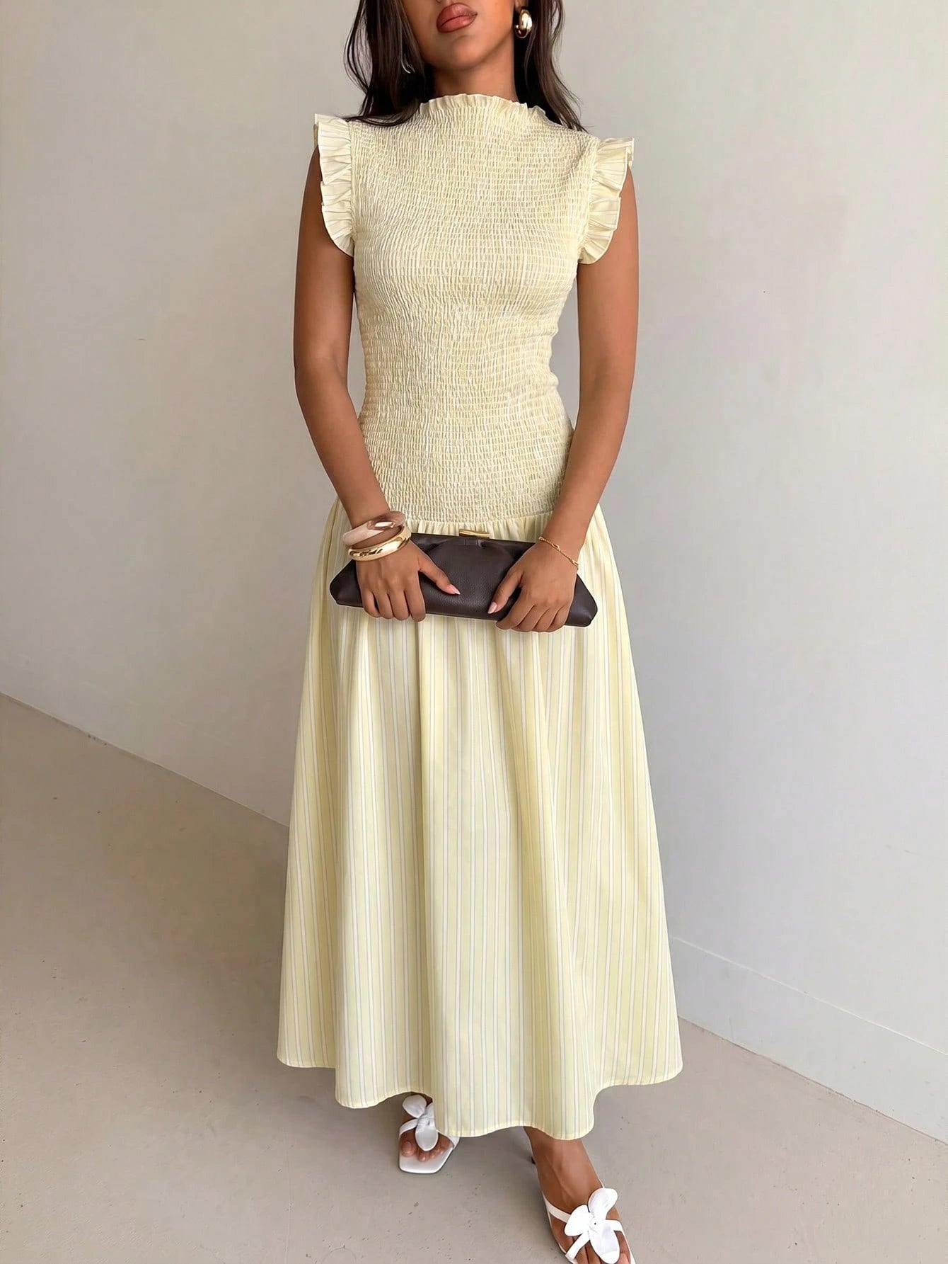 Aloruh Pale Yellow Sleeveless Mandarin Collar Fitted Dress Tea Party Summer,Wedding Guest Gowns